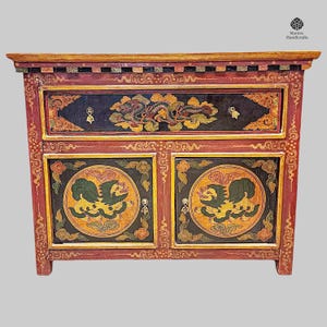 Hand-Painted Tibetan Cabinet | Snow Lion & Dragon Design | 1 Drawer, 2 Doors | Handcrafted in Nepal