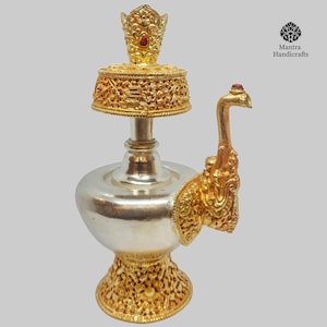 Buddhist Handmade Bhumpa Offering Bowl Set | Bhumba Copper Ritual Vessel | Intricately Silver & Gold Plated | Sacred Tibetan Artifact