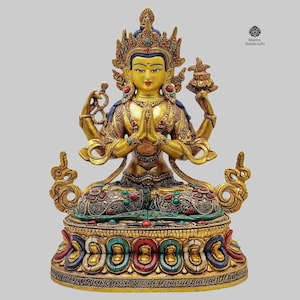 24K Gold Gilded Chenrezig Statue | Handmade Tibetan Avalokiteshvara | Buddhist Meditation Deity | Nepal Art