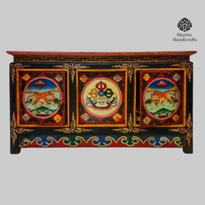 Tibetan HandPainted 4 Door Wooden Cabinet with Tiger & Double Dorje Symbols | Unique Buddhist Storage Cabinet | Traditional Himalayan Art