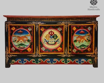 Handpainted Tibetan Cabinet: Tiger & Dorje Symbols, Buddhist Art