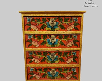 Handgefertigte tibetische Box mit vier Schubladen | Exquisites bemaltes Design | Einzigartige Aufbewahrungslösung | Buddhistische Symbole, handgefertigt in Nepal
