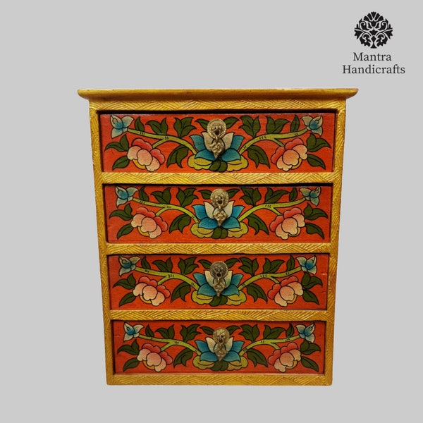 Handcrafted Tibetan Box with Four Drawers | Exquisite Painted Design | Unique Storage Solution | Buddhist Symbols , Handmade in Nepal