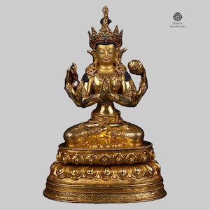 24k Gold Gilded Chenrezig Statue | Handcrafted Copper Avalokiteshvara | Tibetan Buddhist Deity | 13.3” Compassion Altar Decor