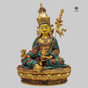 24K Gold Gilded Padmasambhava Statue | Exquisite Guru Rinpoche Handmade Buddhist Art | Sacred Meditation Shrine Decor