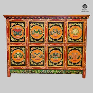 Tibetan Cabinet: Hand-Carved Ashtamangala Symbols, Himalayan Woodwork