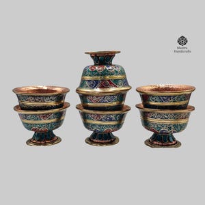 Handcrafted Tibetan Offering Bowl Set: Copper Bhumpa with Turquoise & Coral