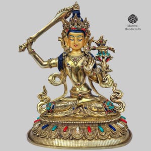 Manjushri Statue with Sword and Lotus | Traditional Tibetan Buddhist Deity for Wisdom & Enlightenment, Perfect Home Altar Decor