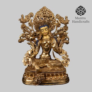 Green Tara Statue | 24K Gold Gilded Buddhist Deity Sculpture | Spiritual Home Decor and Gift | Artistic and Spiritual Treasures