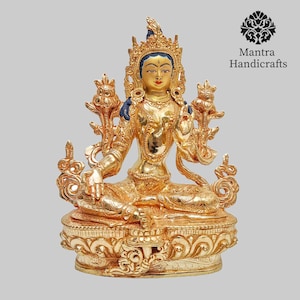 Green Tara Statue | Handmade Buddhist Sculpture | 24K Full Gold Gilded With Face Painted