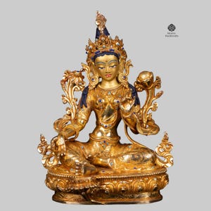 Handcrafted Green Tara Statue: Tibetan Buddhist Goddess, 24K Gold Gilded