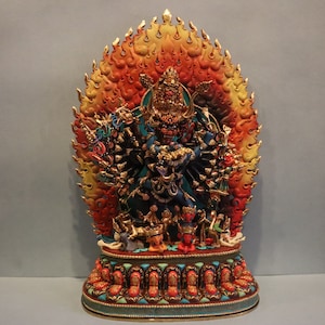40 Cm Tibetan Statue of Yamantaka - Vajrabhairava Heruka Megha Sambara | 24K Full Pure Gold Gilded With Thangka Colured Painted From Nepal