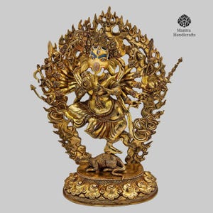 Hand Carved Ganesha Statue: 24k Gold Gilded Hindu Idol