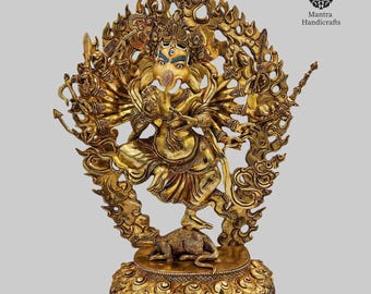 Hand Carved Ganesha Statue: 24k Gold Gilded Hindu Idol