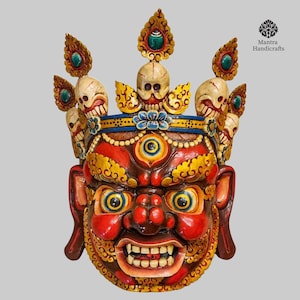 Handcrafted Wooden Bhairav Mask: Hindu Protective Wall Decor