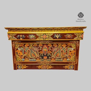 Handcraved Foldable Wooden Tibetan Altar Table | Hand-Painted With Intricate Traditional Dragon Design | Skillfully Made in Nepal