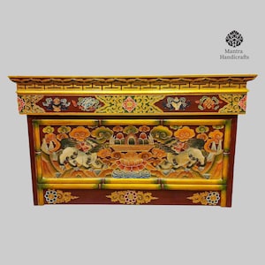 Tibetan Folding Wooden Table with Temple Lion Design | Intricately Carved Portable Accent Table | Traditional Nepalese Craftsmanship