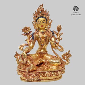 Green Tara Statue | Tibetan Buddhist Deity | 24K Gold Gilded Sculpture | Handcrafted Meditation Art | Compassion & Protection Symbolism