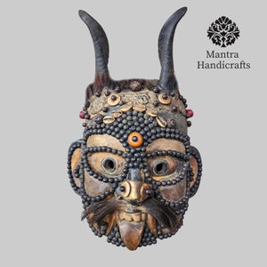 Handmade Kali Mask with Antique Patina and Horn Ornaments | Wall Hanging Mask