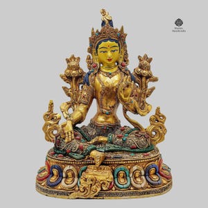 Green Tara Statue with 24k Gold Gilded Accents | Hand-Painted Buddhist Art for Serenity & Abundance | Zen Decor | Handcrafted in Nepal
