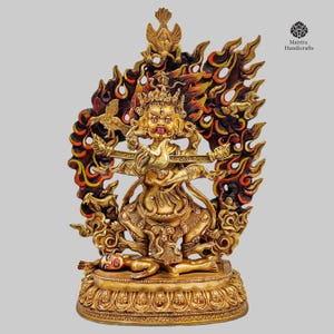 Handcrafted 24K Gold Gilded Mahakala Statue: Tibetan Buddhist Protector Deity