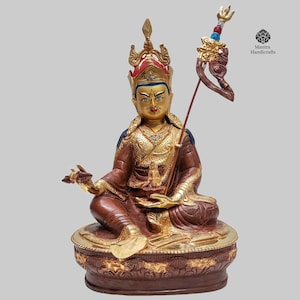 Handmade Padmasambhava Statue: Gold Plated, Chocolate Oxidized, Tibetan Art