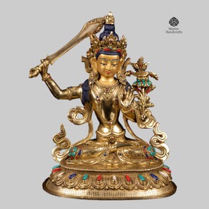 24K Gold Gilded Manjushri Buddha Statue - Handcrafted Tibetan Art