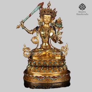 24K Gold Gilded Manjushree Statue: Buddhist Bodhisattva of Wisdom