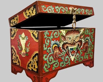 Buddhist Cheppu Box | Traditional Tibetan Hand-Painted Art | Wooden Storage Box