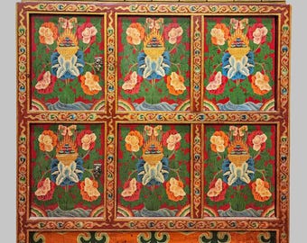 Tibetan Buddhist Cabinet with Four Doors | Hand-Painted Traditional Wooden Furniture