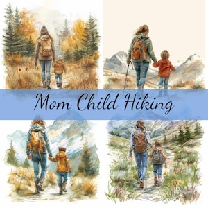 Lot de 16 cliparts randonnée maman et enfant, 16 fichiers JPG de haute qualité, création artistique, fabrication de cartes, clipart, créations numériques sur papier, scrapbooking