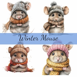 16 wintermuis met sjaal en muts Clipartbundel, 16 hoogwaardige JPG, ambachtelijke kunst, kaarten maken, illustraties, digitale papierkunst, scrapbooking