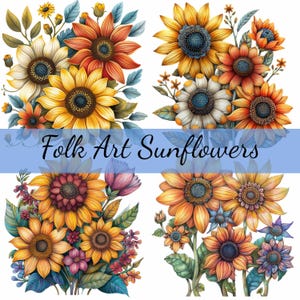 Lot de 16 cliparts tournesol fleurs d'art populaire, 16 fichiers JPG de haute qualité, création artistique, fabrication de cartes, clipart, créations numériques sur papier, scrapbooking