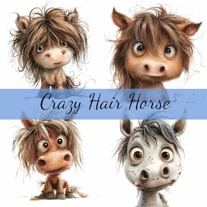 14 Crazy Hair Cartoon Pferd Clipart Bundle, 14 hochwertige JPG, Craft Art, Kartenherstellung, Clip Art, Digitales Papiermodell, Scrapbooking