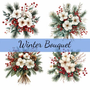 14 Bouquet di fiori bianchi di pino con bacche rosse Clipart Bundle 14 Download PNG trasparenti, creazione di biglietti, clip art, digitale, scrapbooking di Natale