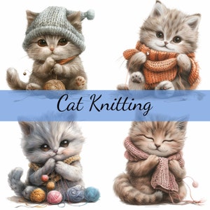 Lot de 16 cliparts de fil à tricoter chat mignon, 16 fichiers JPG de haute qualité, création artistique, fabrication de cartes, clipart, créations numériques sur papier, scrapbooking