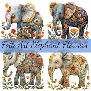 Pacote de 16 clipart de elefante com flores de arte popular, 16 JPG de alta qualidade, arte artesanal, criação de cartões, clip art, artesanato em papel digital, scrapbooking