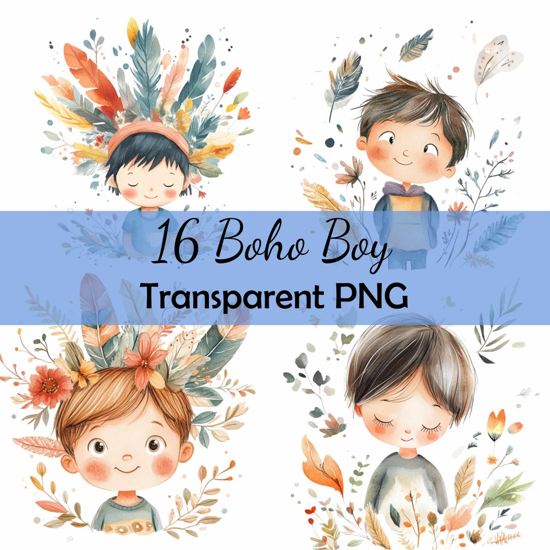 16 Boho Boy Watercolor Clipart Bundle Transparent PNG Download, Card ...