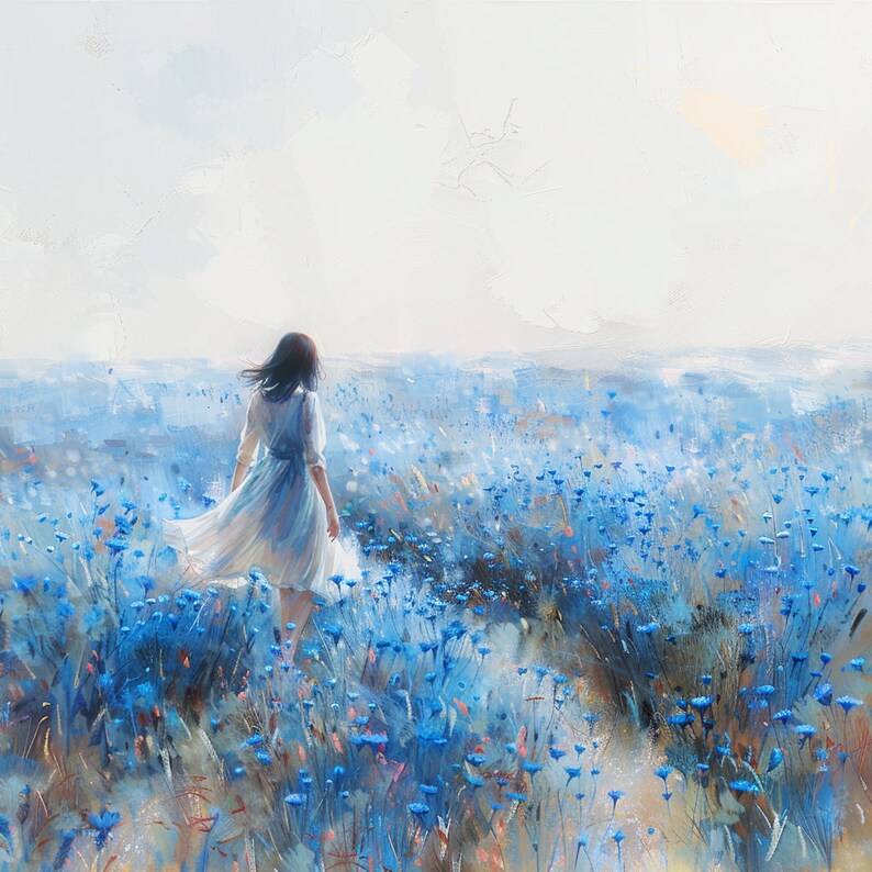 Woman Walking Cornflower Blue Flowers Clipart Bundle, Highquality JPG