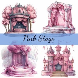 Pacote de 16 clipart de castelo de palco rosa, 16 JPG de alta qualidade, arte artesanal, criação de cartões, clip art, artesanato em papel digital, scrapbooking