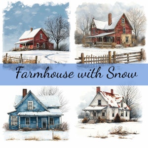 Lot de 16 cliparts maison de ferme avec neige en hiver, 16 images JPG de haute qualité, créations artistiques, fabrication de cartes, clipart, créations numériques sur papier, scrapbooking