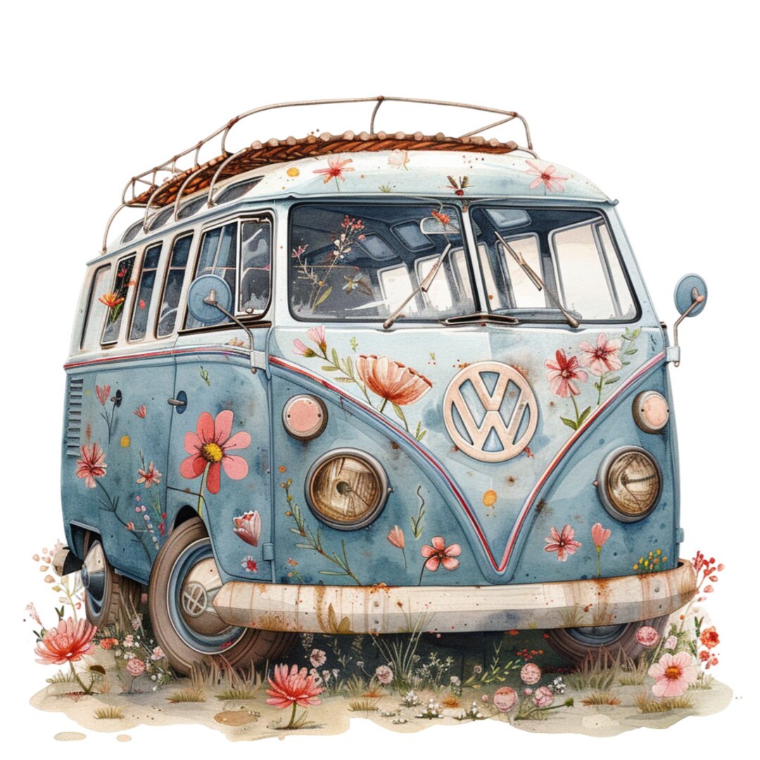 Vintage Floral Camper Van Clipart Bundle, 16 High-quality JPG, Craft ...
