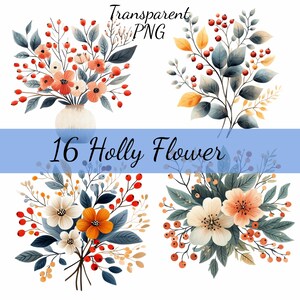 16 Folk Art Holly Berry Bouquet Natal Clipart Bundle, Download PNG transparente, Criação de cartões, Clip Art, Artesanato em papel digital, Scrapbooking