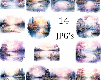 14 Lake Dreamy Water Landscape Clipart Bundle, High-Quality JPG, Card Art, Card Making, Clip Art, Digital Paper Craft, Scrapbooking Wall Art