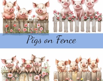 15 Cute Pigs on a Farm Fence Clipart Bundle, 15 High-Quality JPG, Craft Art, Card Making, Clip Art, Digital Paper Craft, Scrapbooking