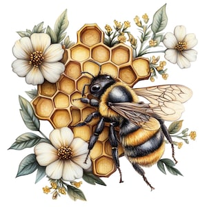 Puede incluir: Una ilustraci&oacute;n detallada de un abejorro posado en un panal de miel con flores blancas y hojas verdes que lo rodean.