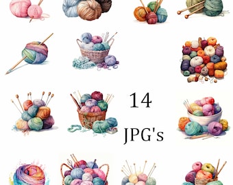 May include: Watercolor illustrations of yarn balls in various colors, with knitting needles. Some yarn is in baskets and bowls. The text "14 JPG's" is also present in the image. The overall theme is crafting and knitting.