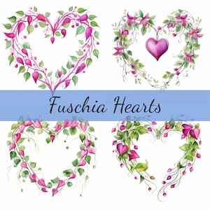 Pacote de 16 clipart de guirlanda de coração de flor fúcsia, JPG de alta qualidade, arte artesanal, criação de cartões, clip art, clipart de flores, scrapbooking, arte de parede