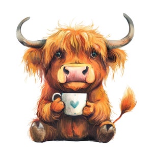 Highland Cow With Tea Cup Coffee Mug Clipart Bundle, High-Quality JPG, Craft Art, Card Making, Clip Art, Digital Paper Craft, Scrapbooking