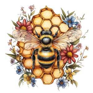 Puede incluir: Una ilustraci&oacute;n de acuarela de una abeja sentada en un panal de miel rodeada de flores. La abeja es amarilla y negra con ojos marrones. Las flores son rosas, azules y amarillas.